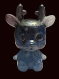 A small blue translucent figurine of a cute deer with antlers