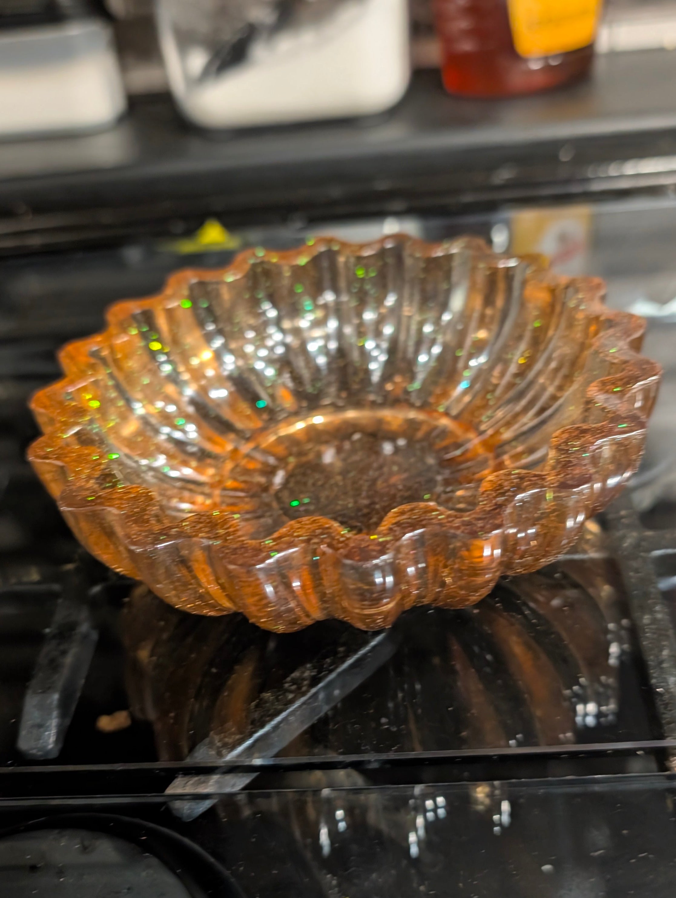 Scalloped Edge Bowl For Halloween | Orange Glitter Translucent | Handmade Epoxy Resin