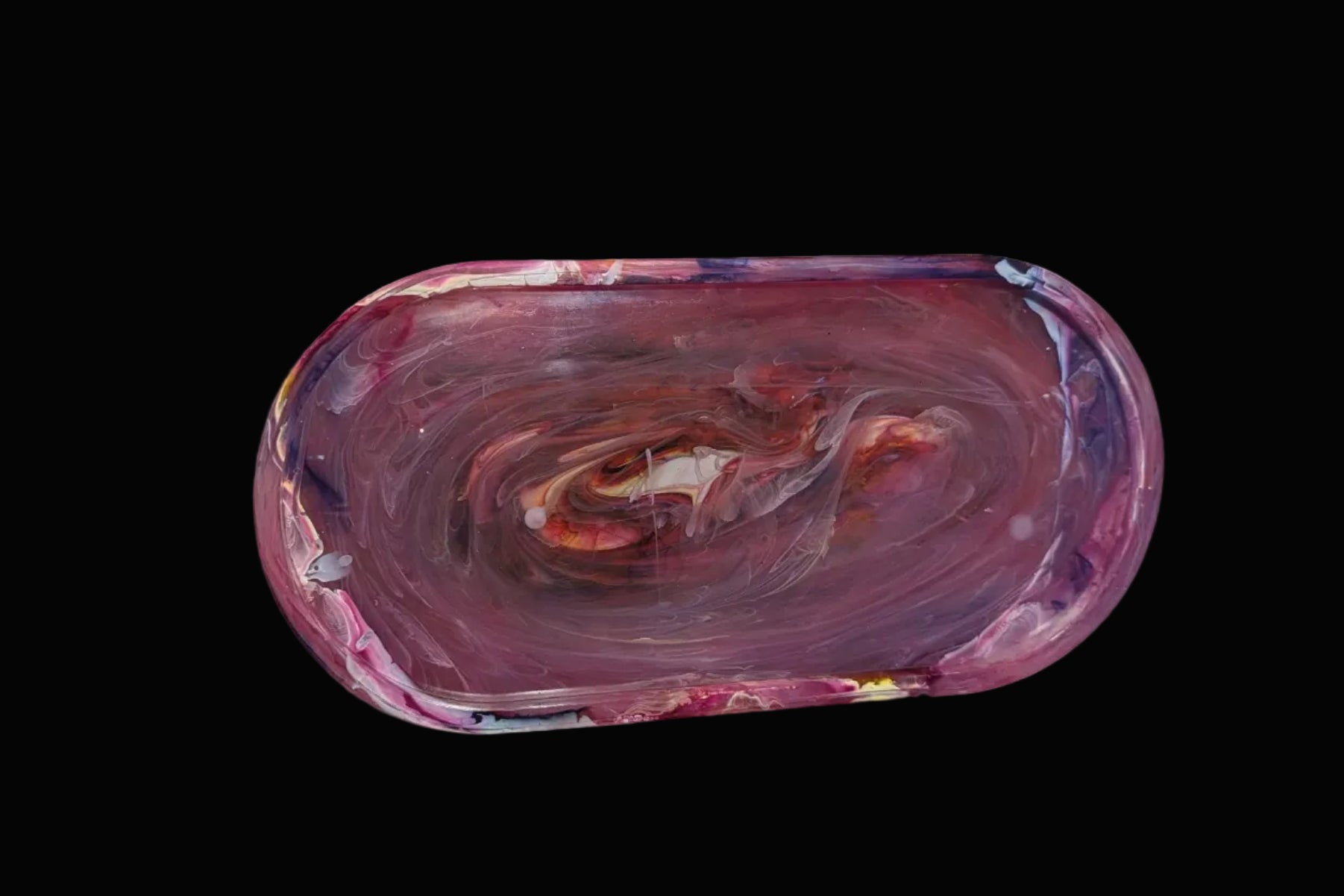 Large marbled oval resin tray with swirls of purple, pink, orange, and white.